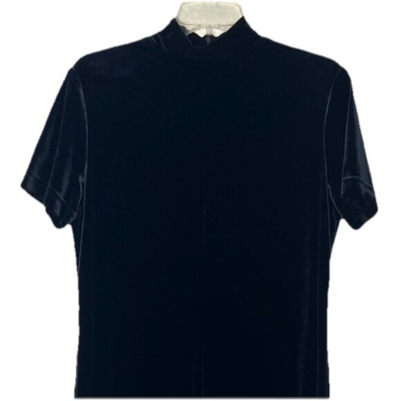 VTG Casual Corner Velvet Body Suit Navy Blue Sz Large Zipper Back Short Sleeve - Picture 2 of 9